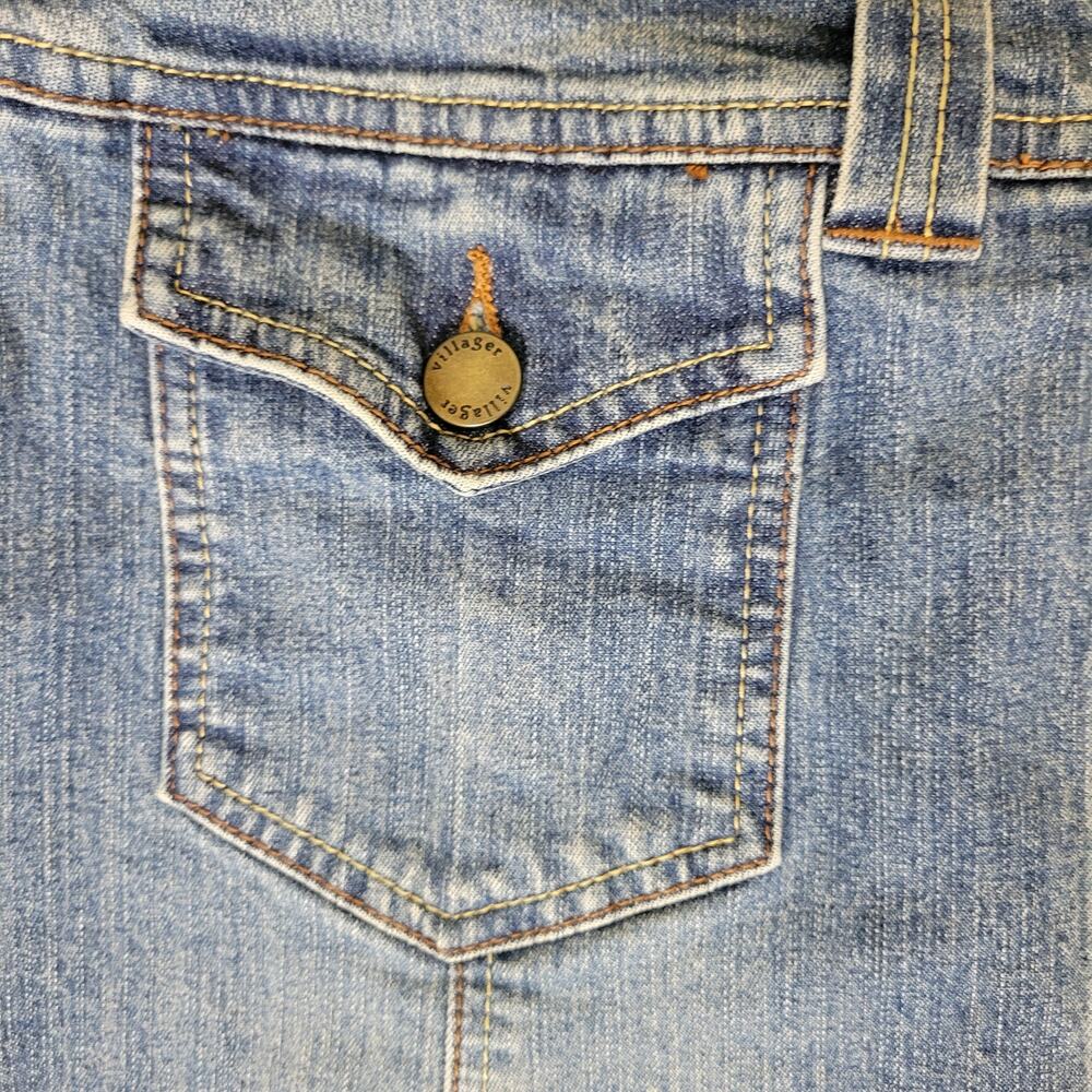 Villager 10 Blue Denim Jean Skirt Button Front Pockets Knee Length Stretch - Picture 3 of 9
